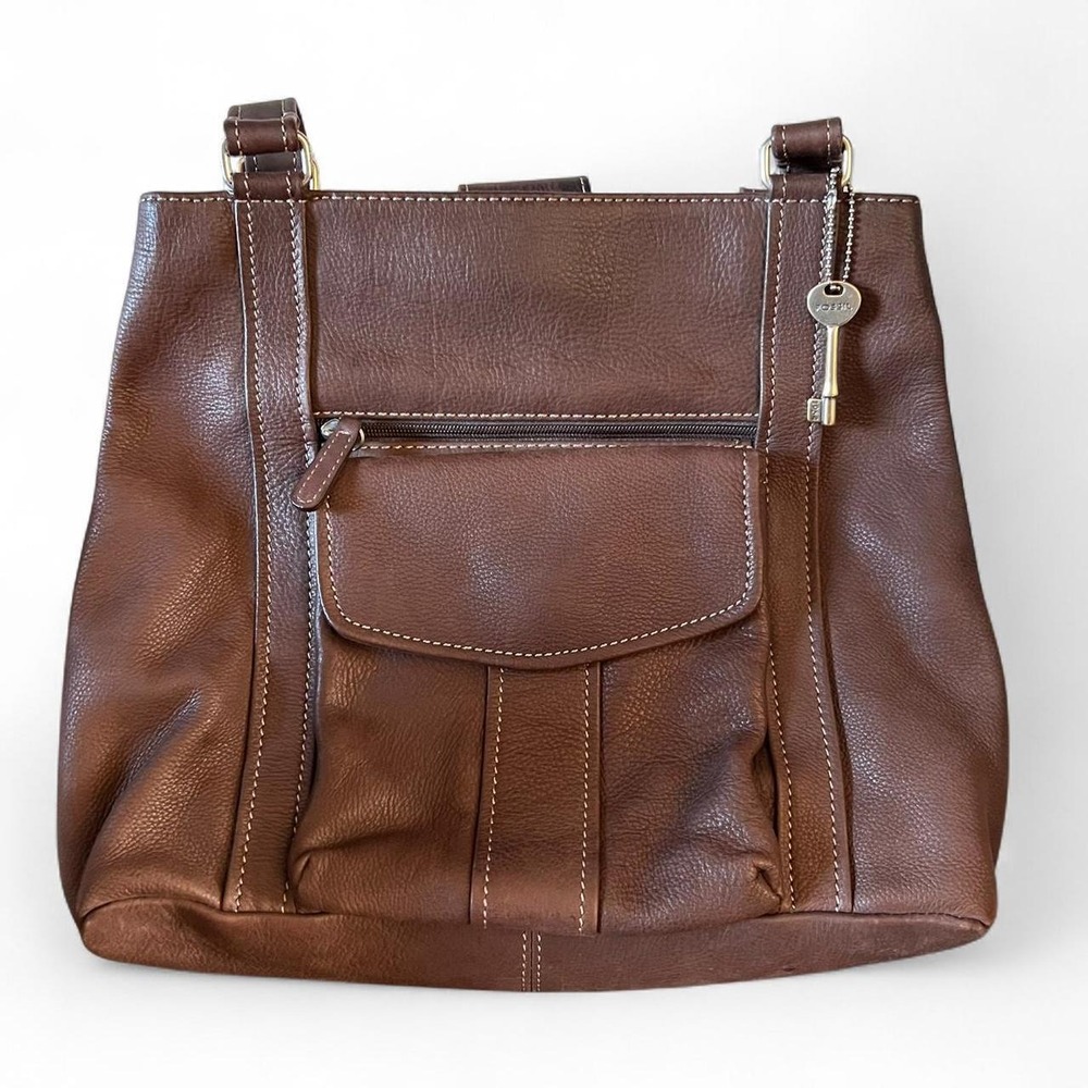 Fossil Brown Leather Shoulder Bag With Organizer and Key Bag Charm Boho Western